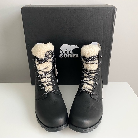 NEW Sorel Emelie Shearling Short Lace Up Cozy Black White Fur Boots Shoes Sz 6.5 - Picture 3 of 15